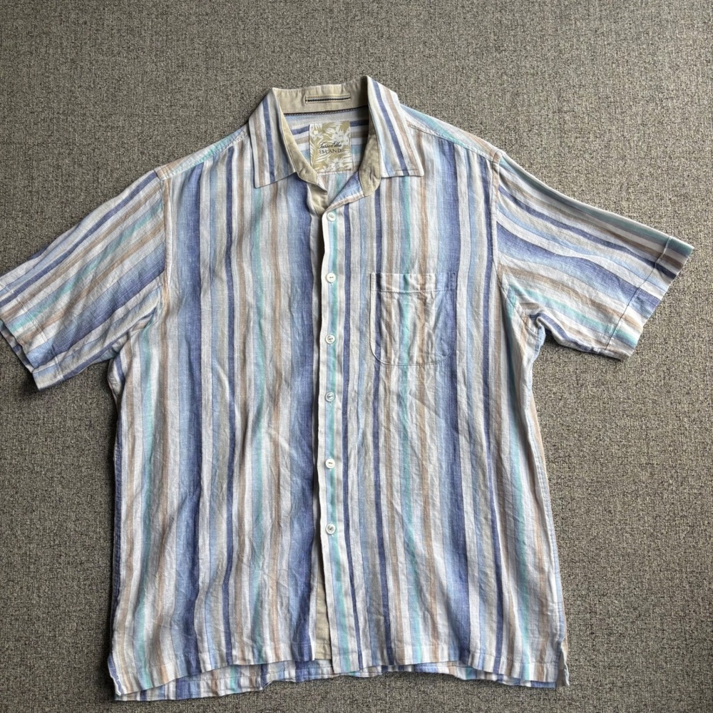 Tasso Elba Shirt Mens M Island Blue Linen Cotton Striped Short Sleeve
